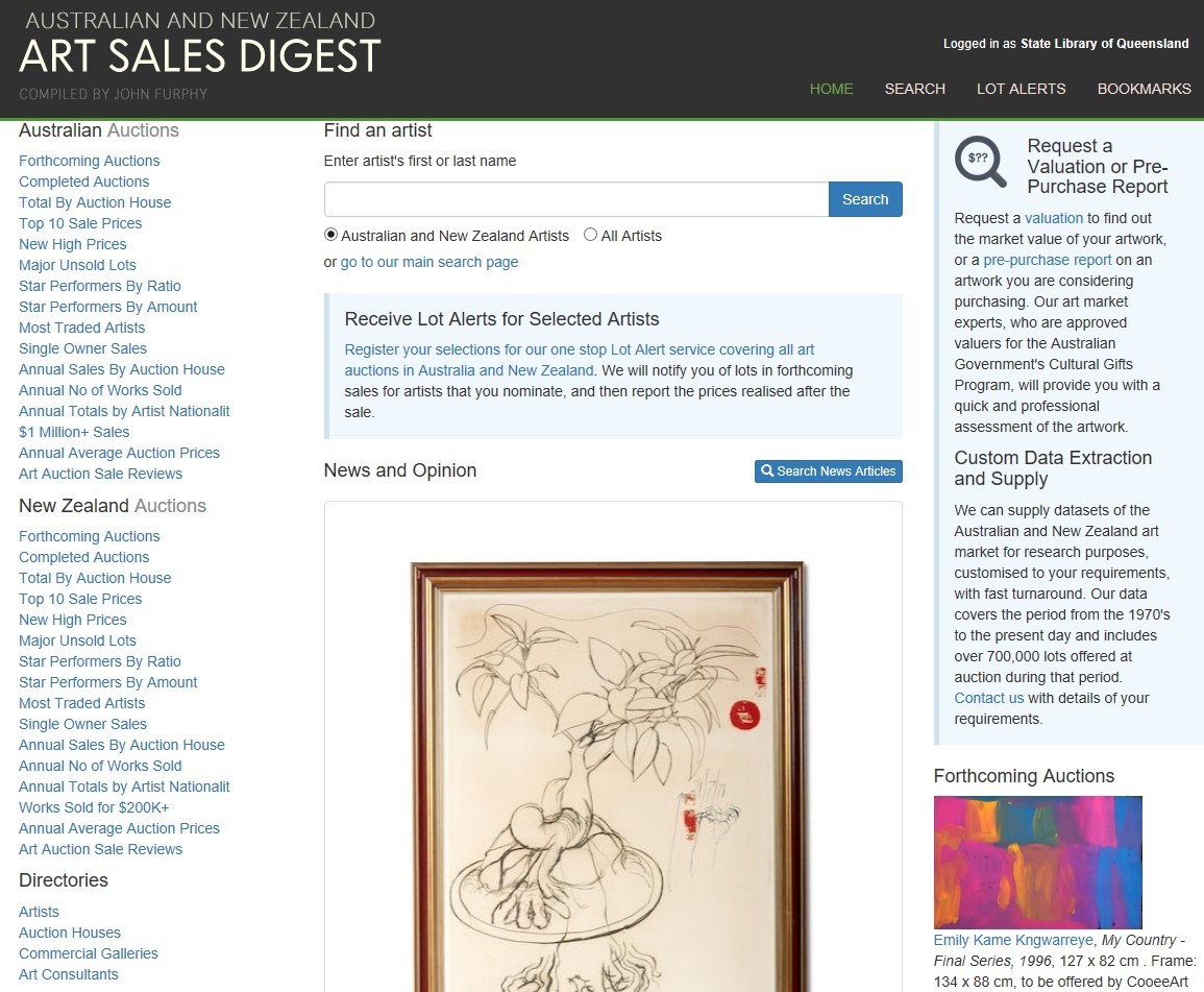 Image of front page of Australian Art Sales Digest database