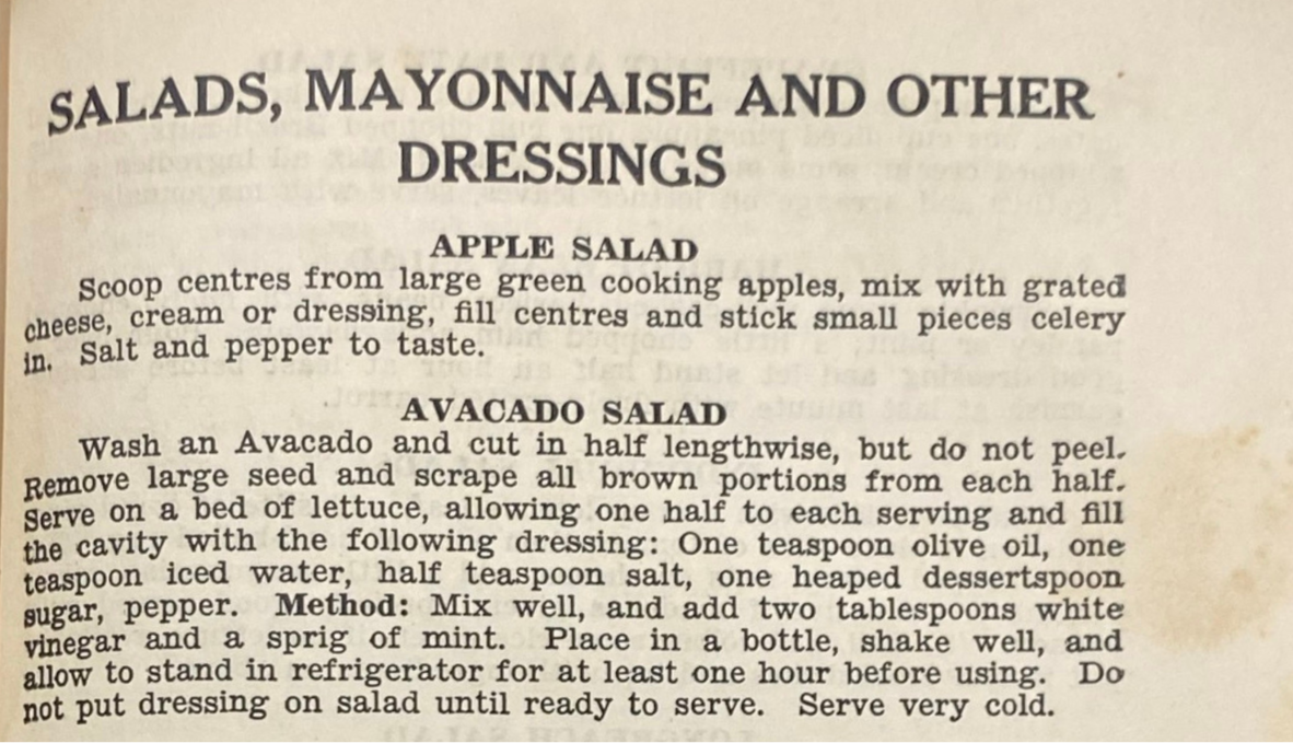 Detail of Avacado Salad recipe, on page 149 from The Red Cross recipe book / compiled by the Longreach Branch