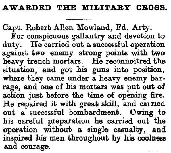 The London Gazette, Captain Nowland awarded the Military Cross