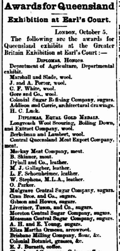 Awards for Queensland part of article from newspaper The Week Brisbane 13 October 1899 p13