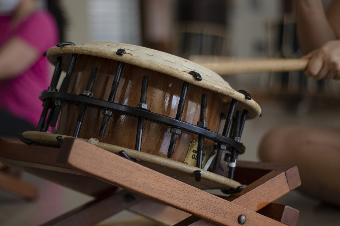 Picture of a shime-daiko used in ensemble drumming.