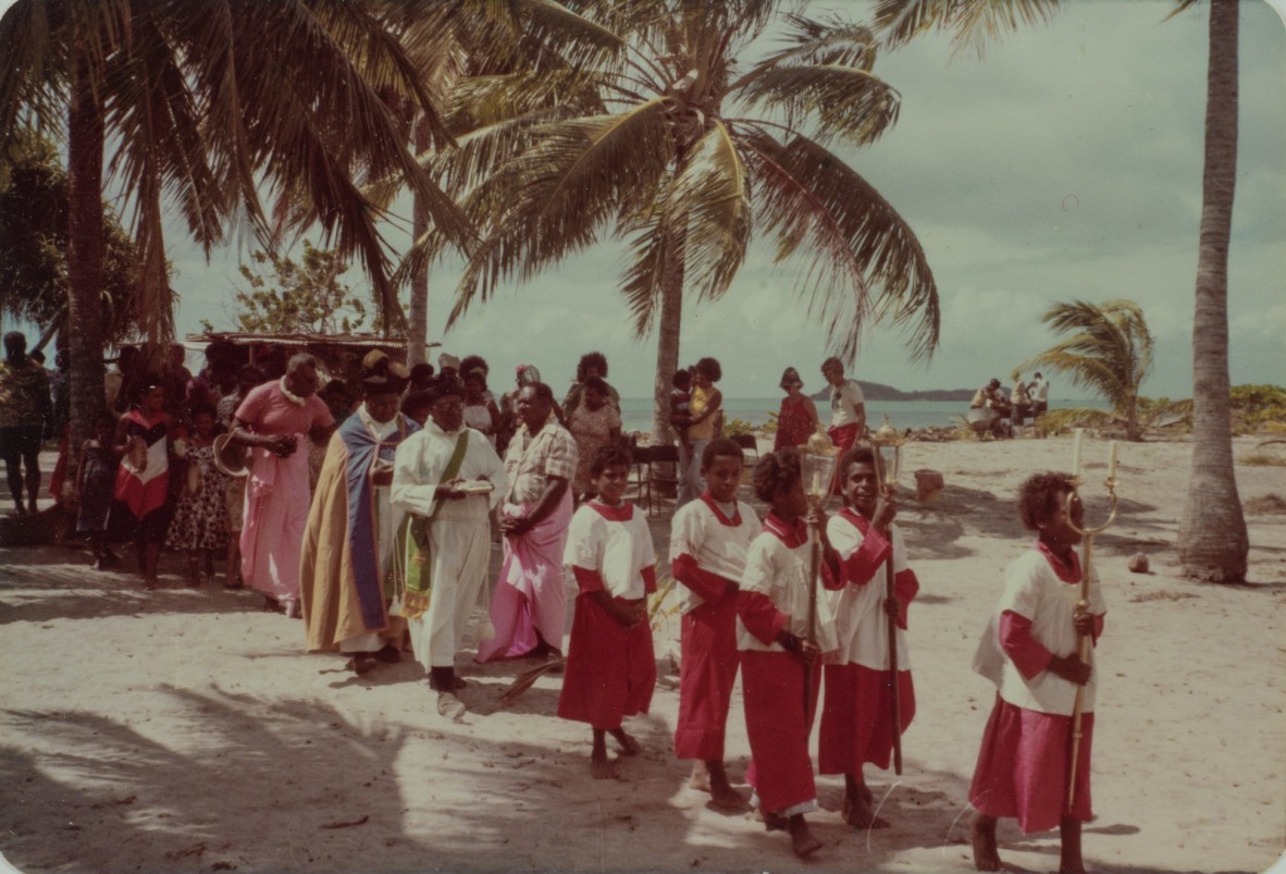 Baduans getting ready for The Coming of the Light service Badu Island 1977-78