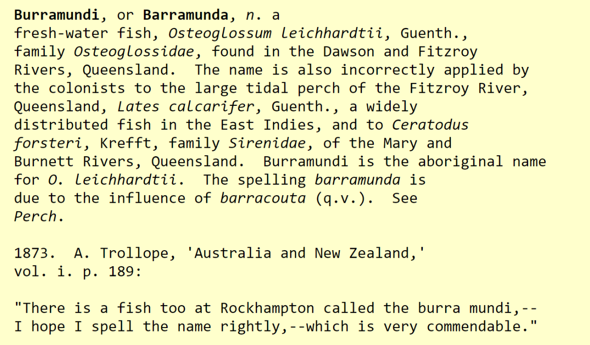 Entry for Burramundi A Dictionary of Austral English 1898
