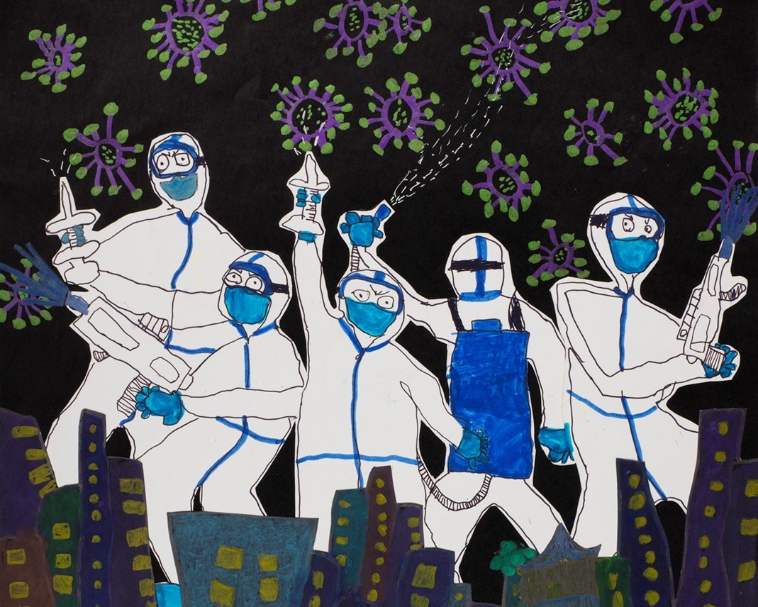 illustration of 5 people wearing masks and carrying weapons with coronavirus emjois in the background.
