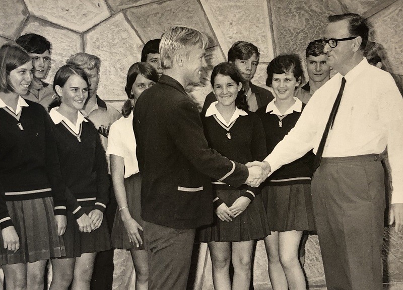  Peter Beattie receiving a congratulatory handshake at Atherton State High School where he excelled as Dux and School Captain.