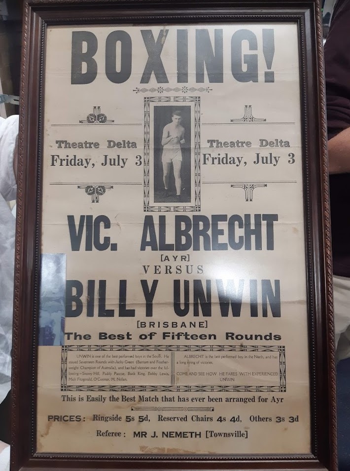 Promotional poster for the Vic Albrecht from Ayr vs Billy Unwin from Brisbane boxing match held at the Delta Theatre Ayr 3 July 1925