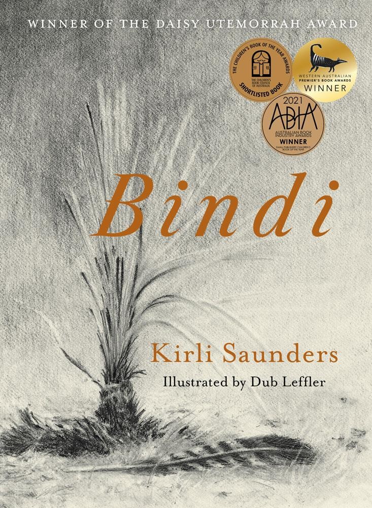 The cover of Bindi is rendered in black, white, creams and browns, showing a plant and a large striped feather on the ground