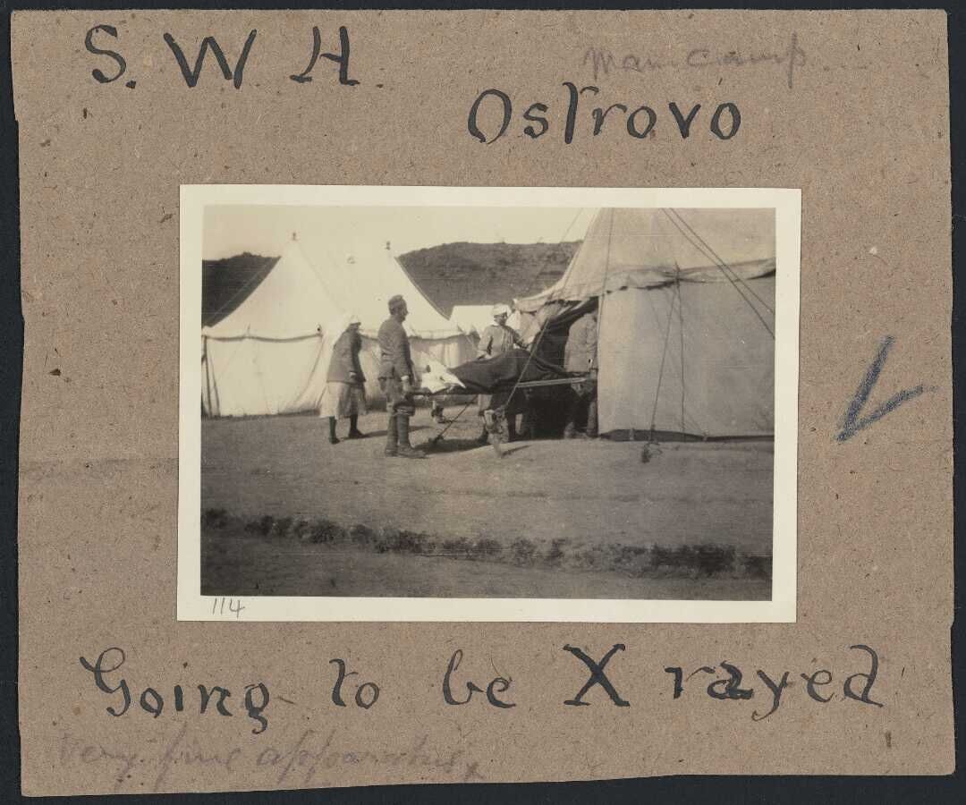 Patient outside the x-ray tent at the main hospital camp of the 7th Medical Unit of the Scottish Women's Hospitals for Foreign Service, at Ostrovo, Macedonia, Serbia, during World War I.