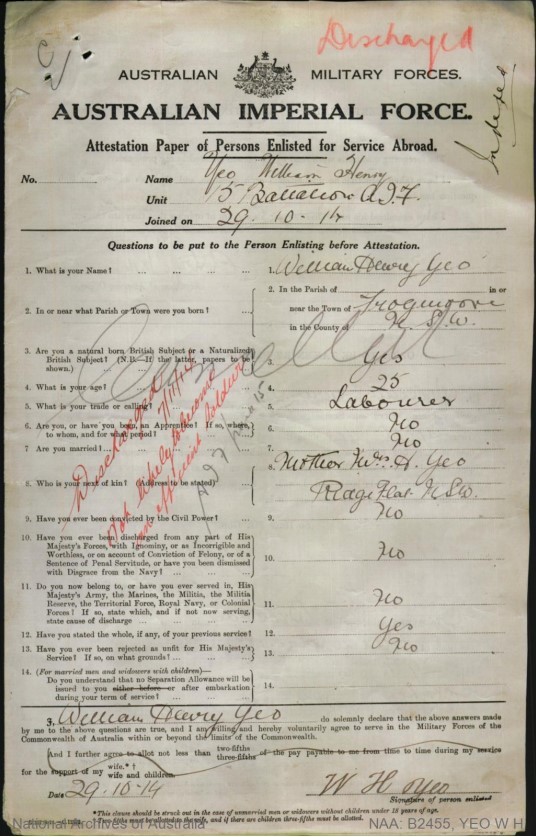 NAA extract from service record for William Henry Yeo
