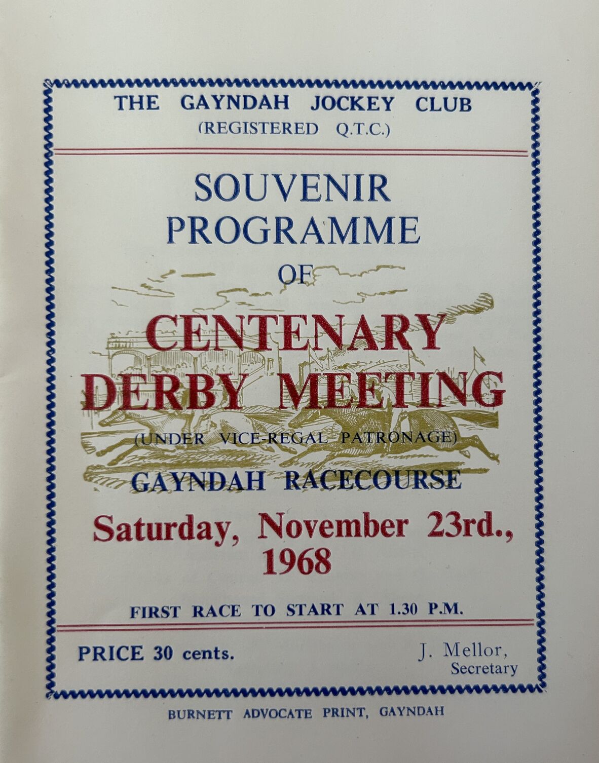 Souvenir Programme of the Centenary Derby Meeting at the Gayndah Racecourse, 1968. 