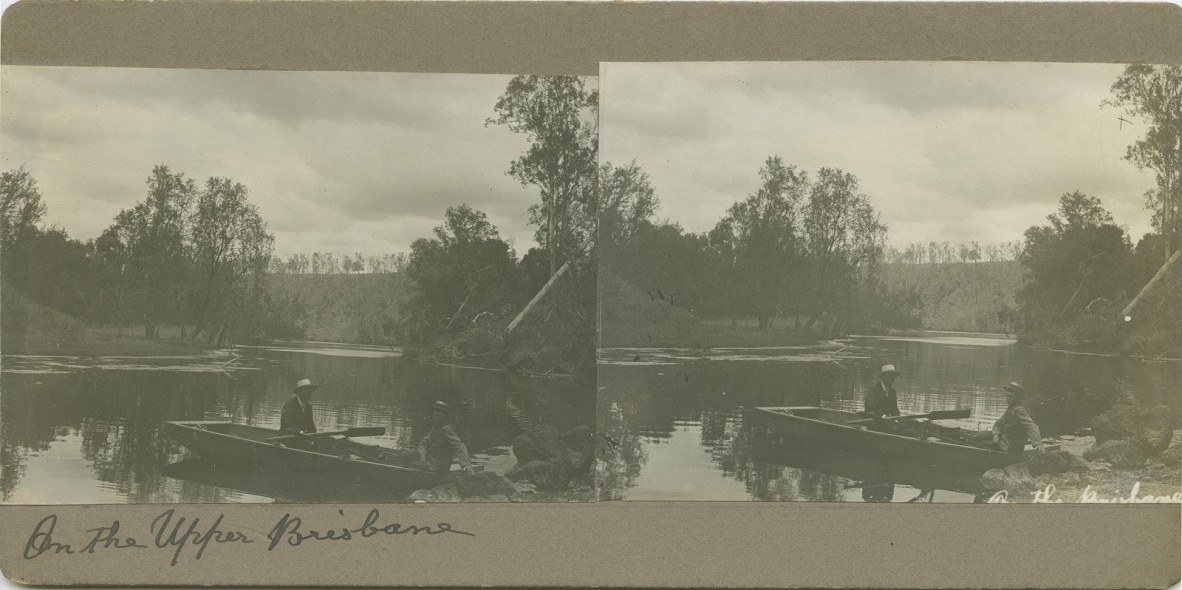 Boating on the Upper Brisbane River, Queensland, undated. Stereoscopic photograph. Photographer unknown.