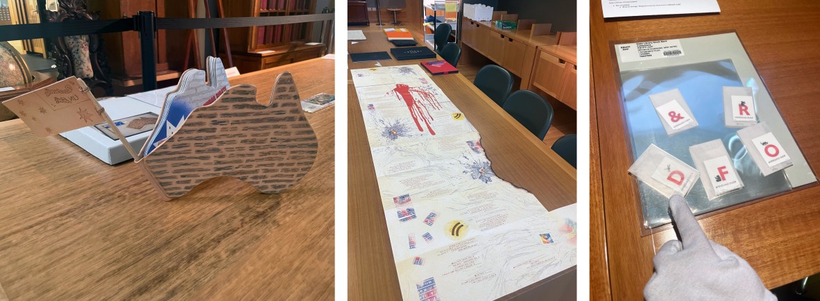 a collage of photos showing of different exmaples of artists books that heavily use the book layout as the canvas. First image shows a book that is made in the shape of Australia, the 2nd is a long fold out piece that uses colour and text, the final is some really small books that contain large type.
