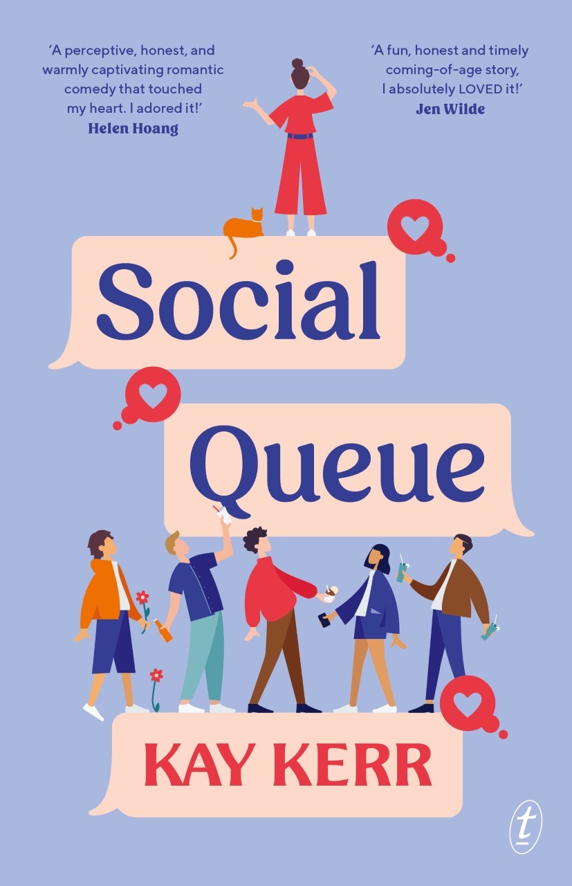 Cover of Social Queue by Kay Kerr Its mauve with five stylised figures in bright clothing looking up at a girl in a red outfit
