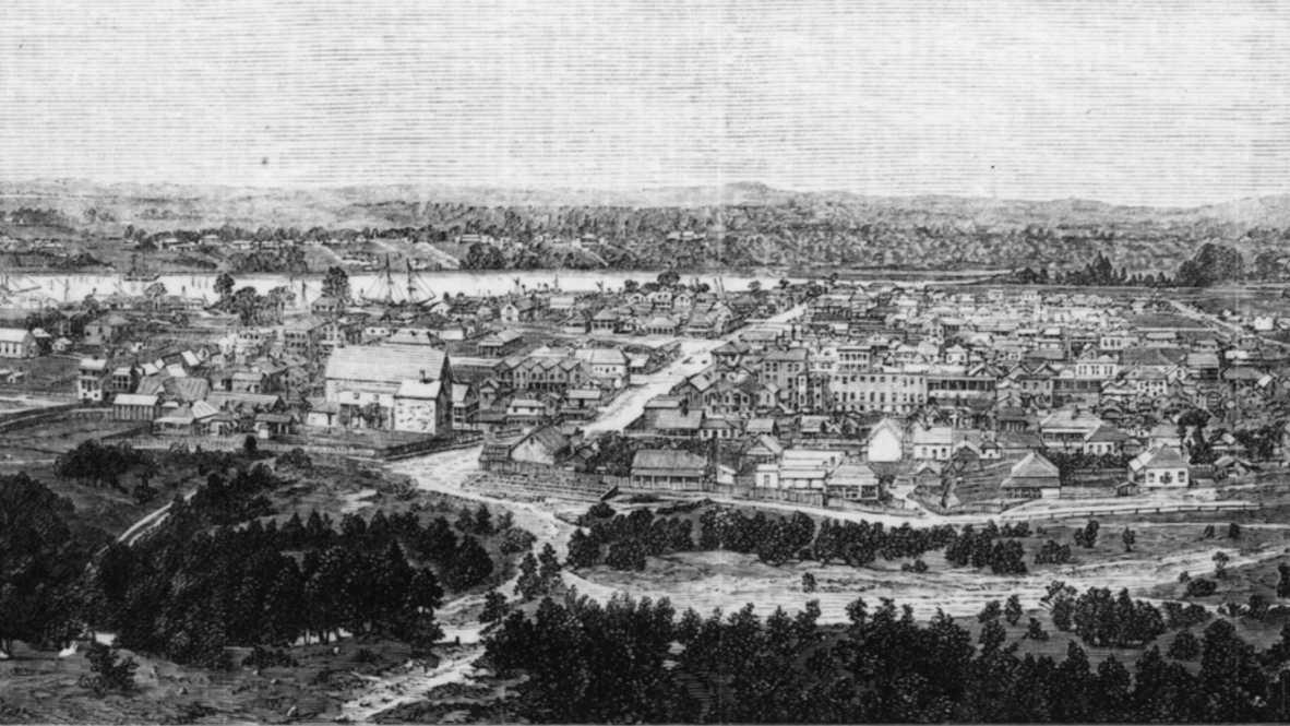 Black and white sketch of Brisbane in 1865