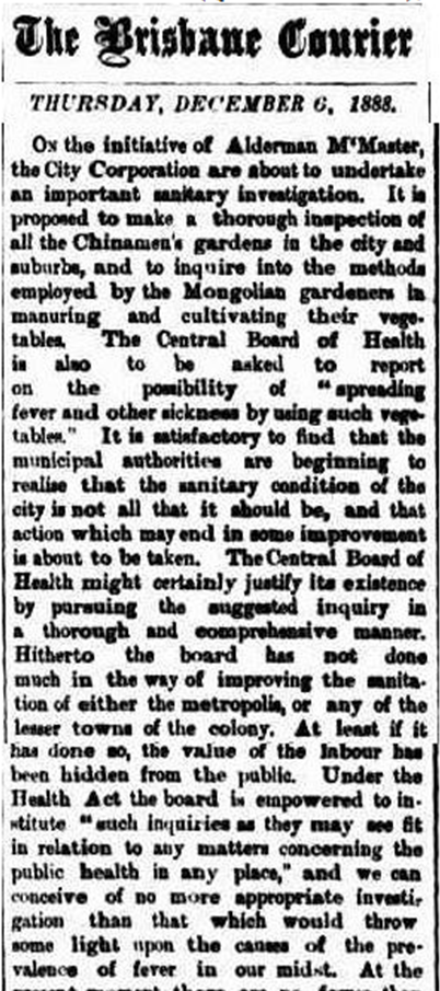A newspaper article from The Brisbane Courier about a sanitary investigation of market gardens