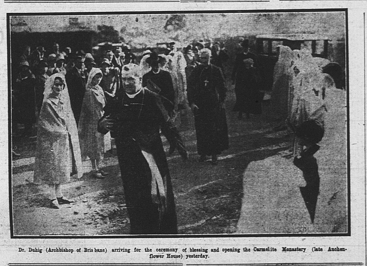 Archbishop Duhig arriving at the opening of Carmelite Convent at Auchenflower House