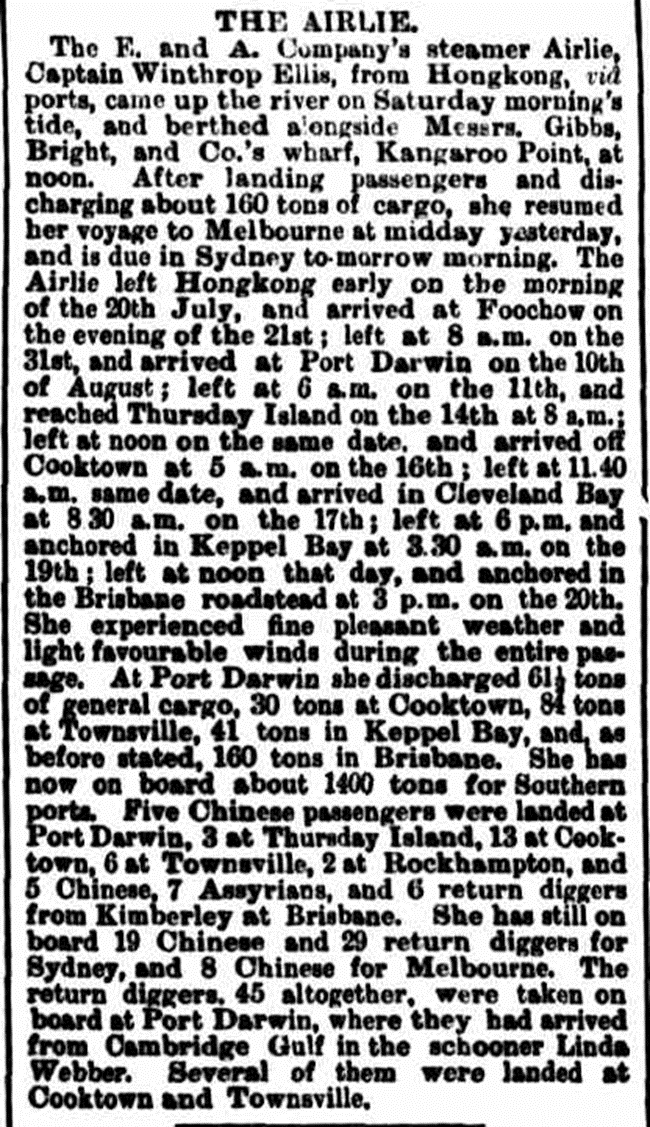Newspaper article about the steamship The Airlie Brisbane Courier 23 August 1886 p4