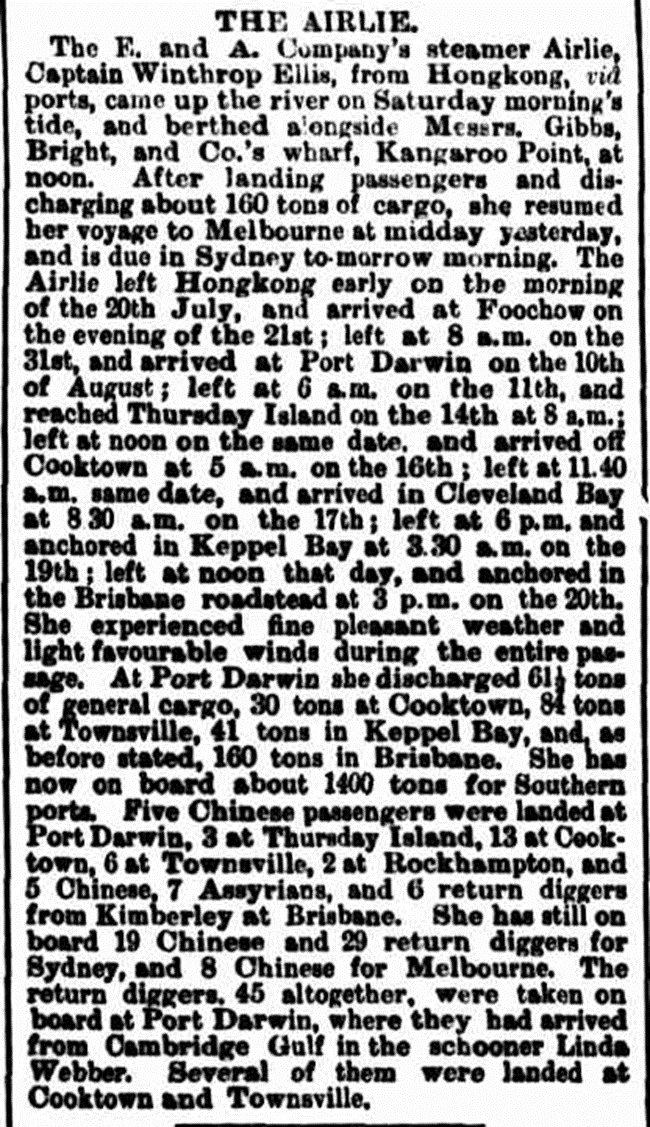 Newspaper article about the steamship "The Airlie", "Brisbane Courier" 23 August 1886 p.4