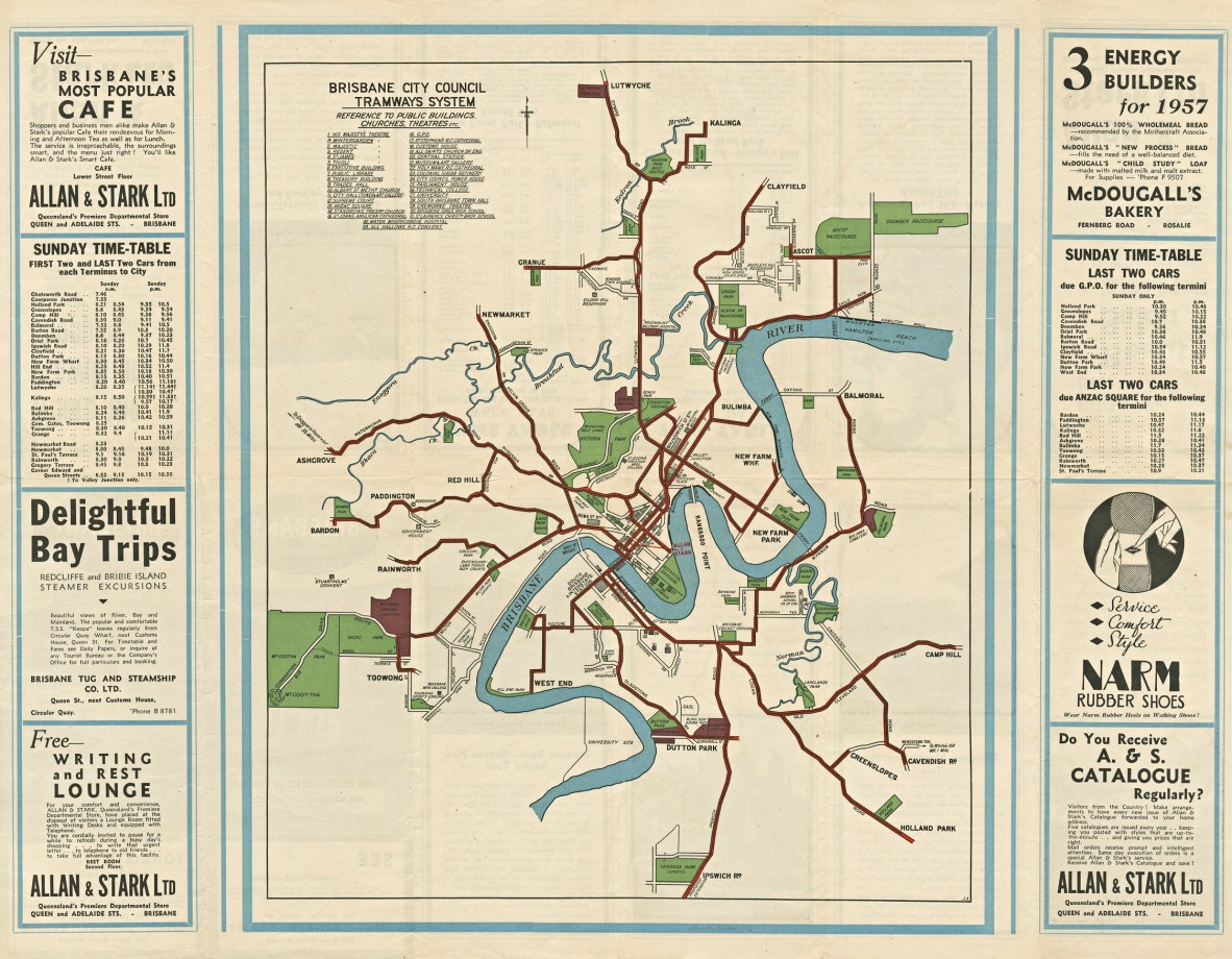 map from 1957 showing Brisbane's tramlines