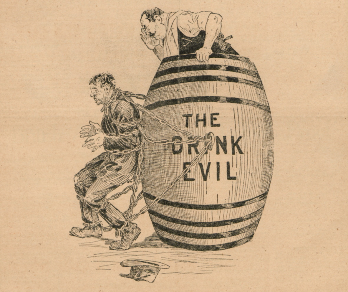 An editorial cartoon illustration on aged paper depicts a man in tattered clothes, bound with heavy metal chains to a large wooden barrel labeled "THE DRINK EVIL." The man is hunched forward in distress, his hands clasped as if pleading, and his hat lies on the ground beside him. Behind the barrel, a man in an apron, representing a saloon keeper or brewer, leans over the top, looking down at him with a hand to his face.