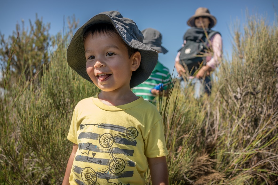 Young boy bushwalking with his family