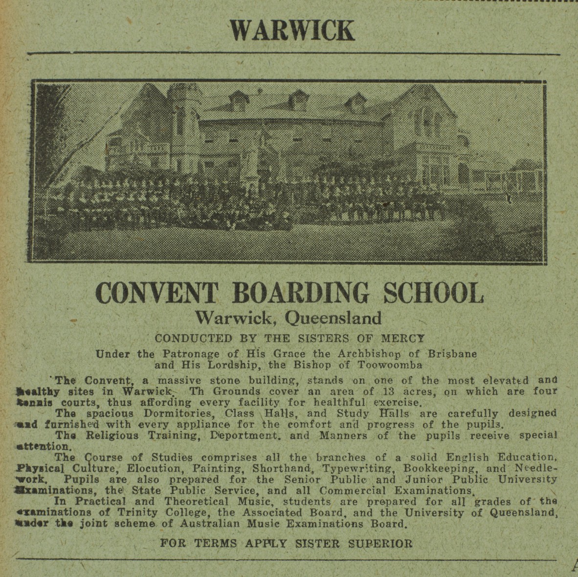 Convent boarding school advertisement Warwick, Queensland