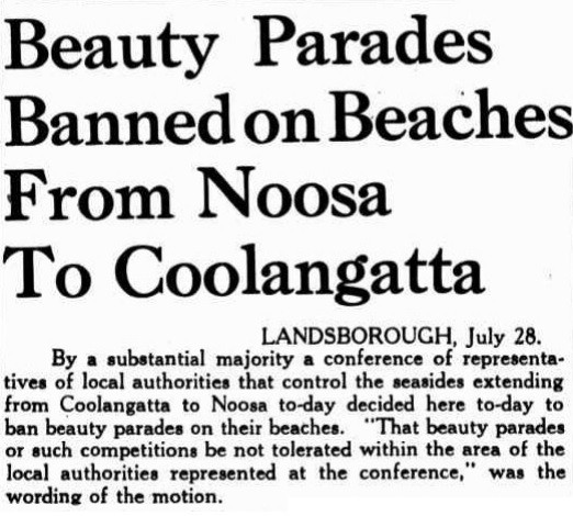 Newspaper article about beach beauty parades being banned from Noosa to Coolangatta