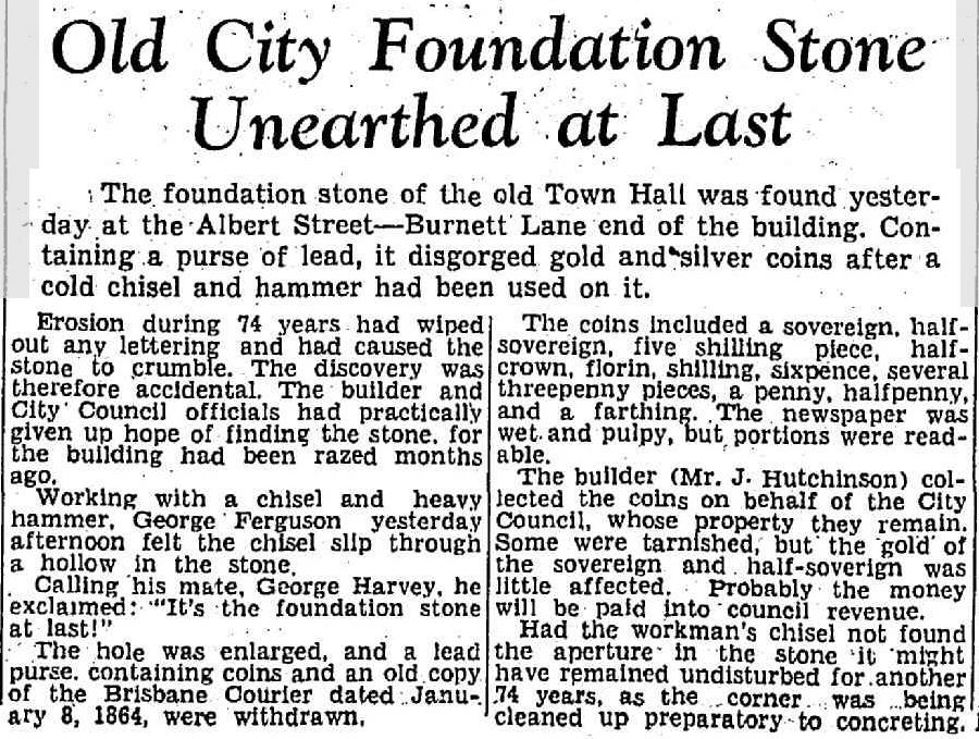 Image of a newspaper article titled "Old City Foundation Stone Unearthed at Last"