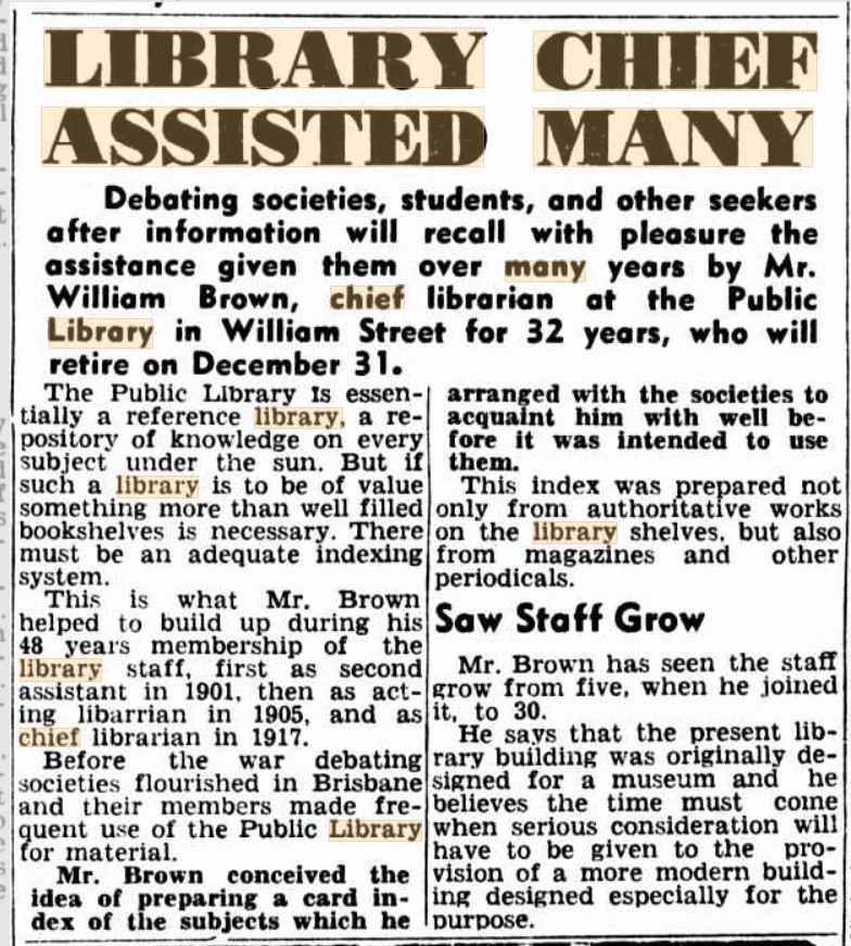 1949 LIBRARY CHIEF ASSISTED MANY Brisbane Telegraph Qld  1948 - 1954 20 December p 22 CITY FINAL viewed 19 Mar 2021