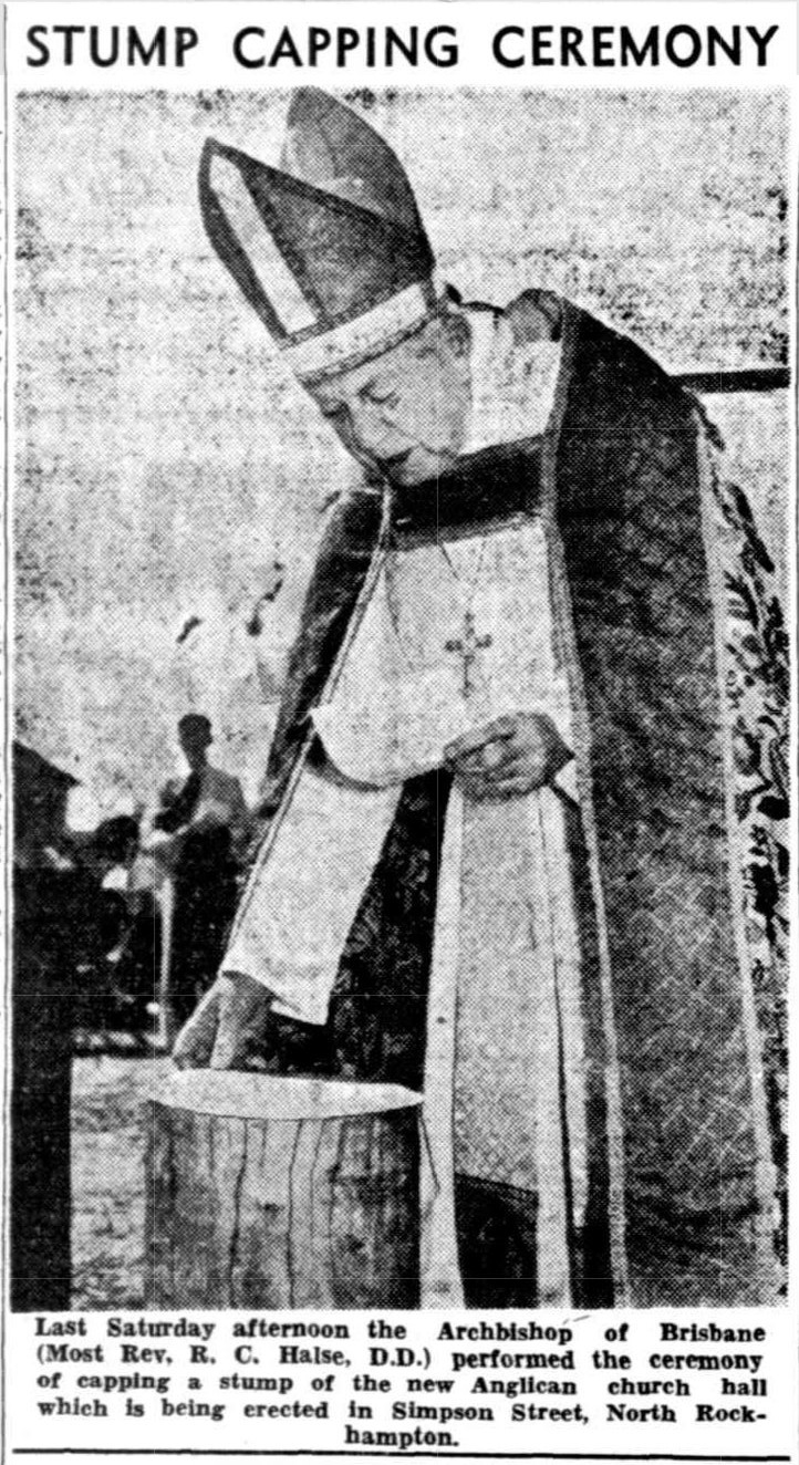 Newspaper photo of the Archbishop of Brisbane performing a stump capping ceremony in North Rockhampton in 1952.