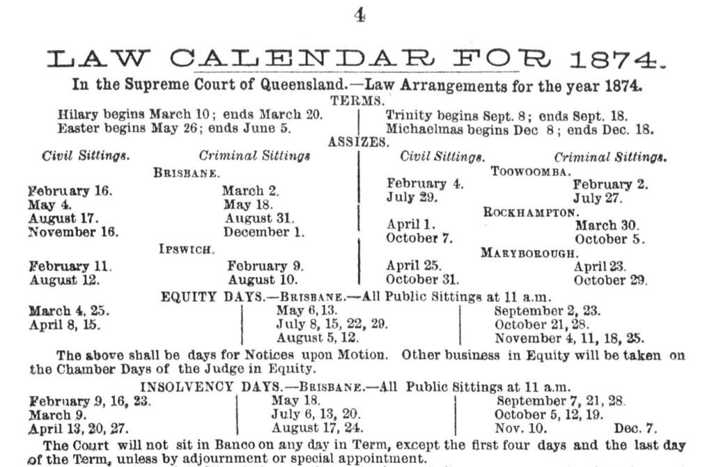 Law calendar in Slaters Almanac 1874