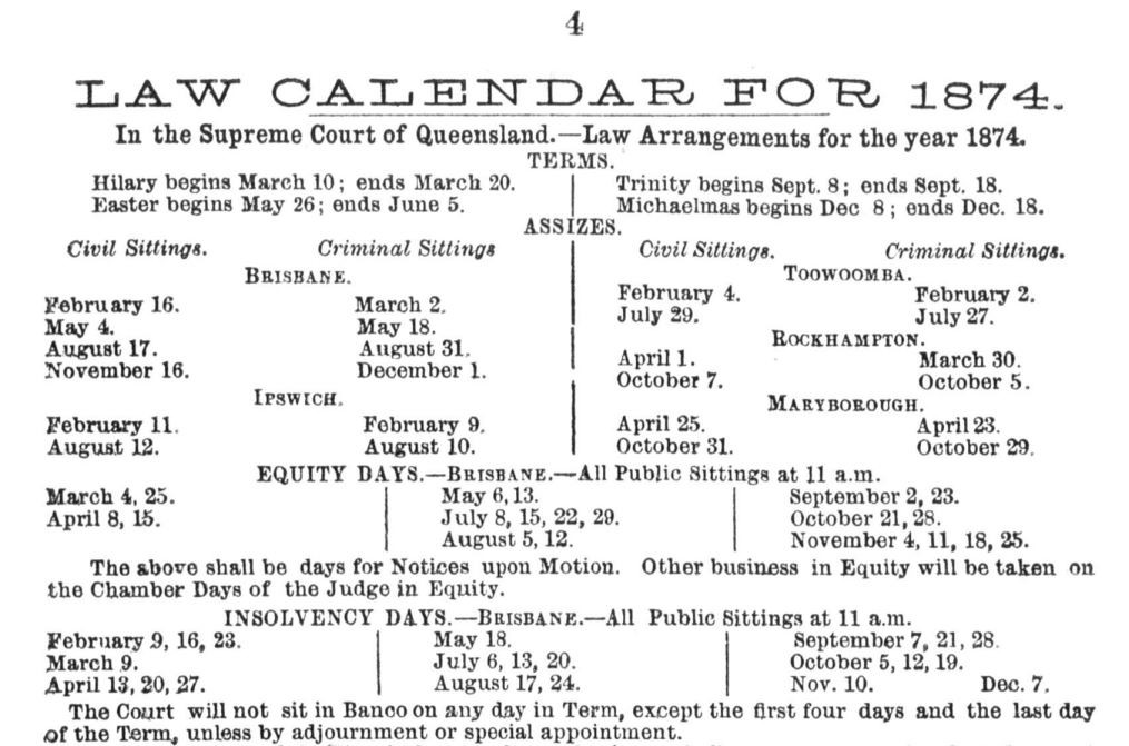 Law calendar in Slater's Almanac, 1874.