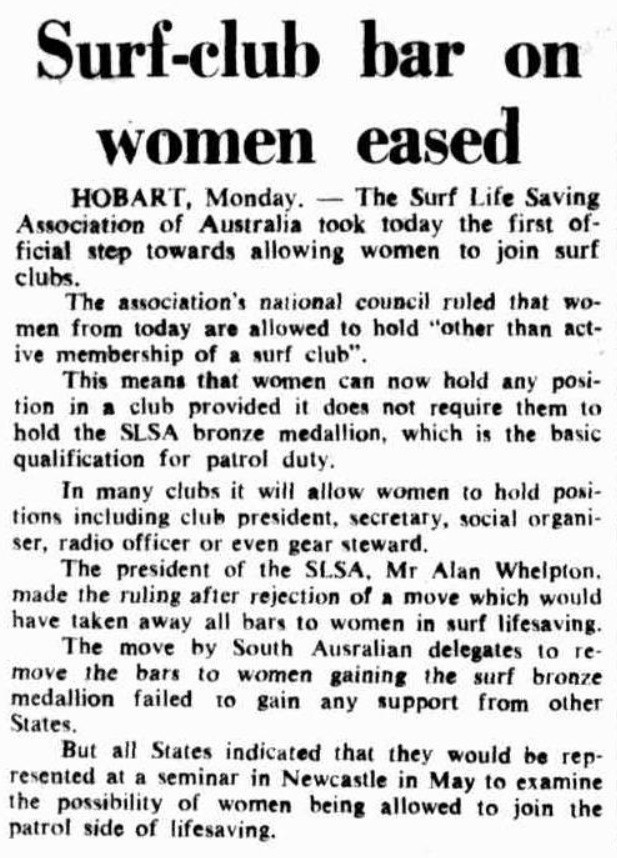 Newspaper article about surf club bar on women being eased