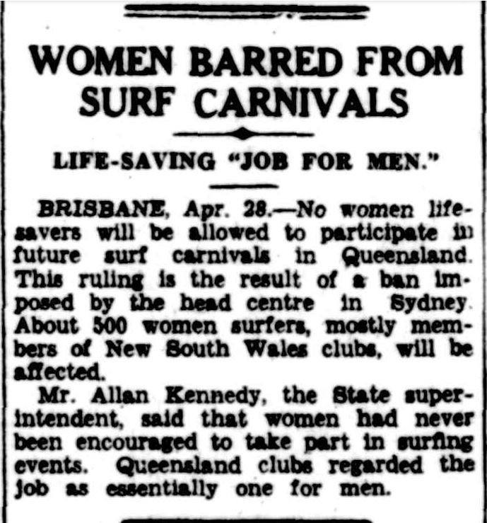 Newspaper article about women banned from surf carnivals