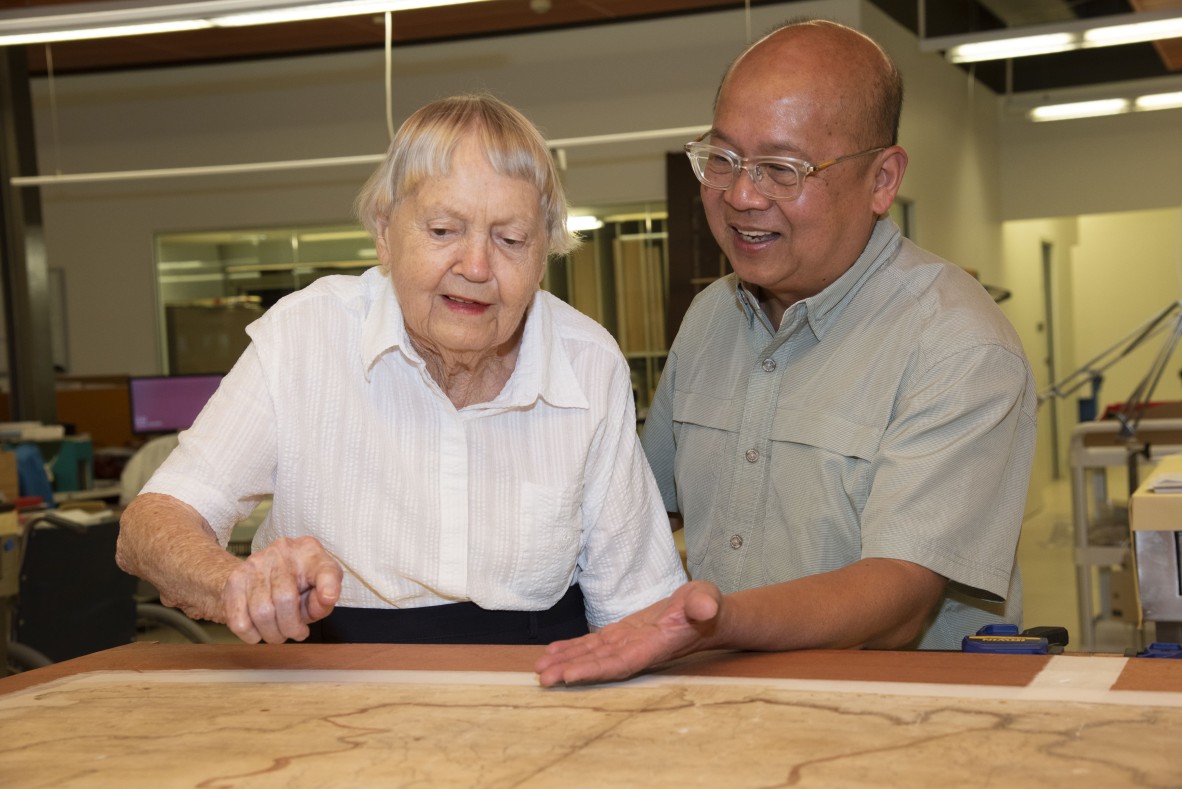 Dr Cathryn Mittelheuser and Eddie Jose at State Library of Queensland. December 2018.