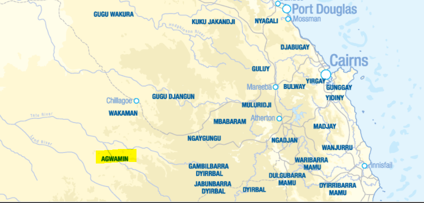 Pama Language Centre map showing location of Agwamin.