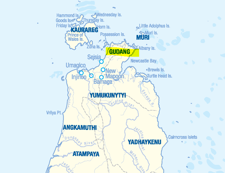 Pama Language Centre map showing location of Djagaraga/Gudang.