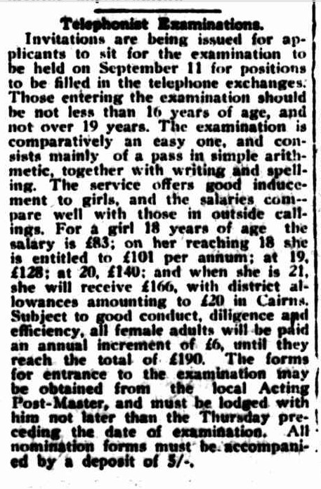 Newspaper article with title Telephonist examinations, from the Cairns Post, 19 August 1926, p 4