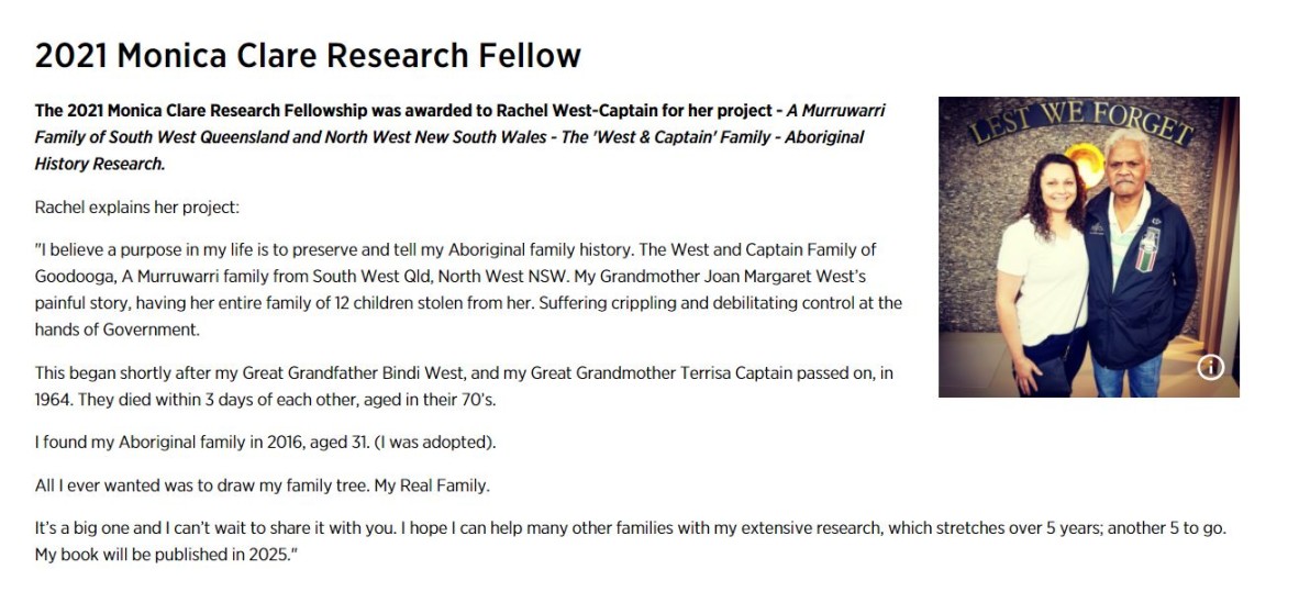 2021 Monica Clare Research Fellowship webpage.