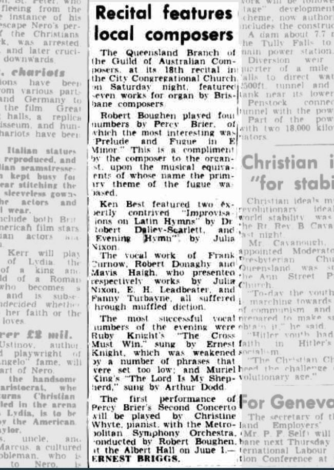 A momentous occasion occurred in 1950, when Christina Boughen gave the premiere of Brier’s Piano Concerto in C Minor. The soloist took to the stage at Albert Hall alongside the Metropolitan Symphony Orchestra, conducted by Robert Boughen.   Article advertising the performance. 