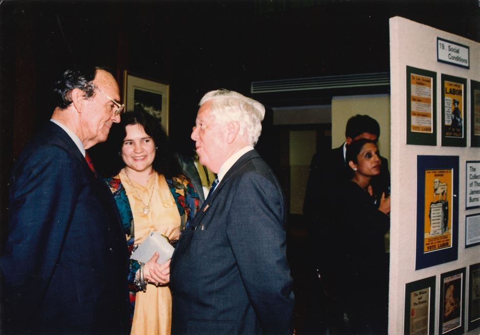 Christina Ealing-Godbold with Deputy Premier Tom Burns and Chairman of State Library Board Manfred Cross at the opening of the Workers Heritage Centre exhibition 1993