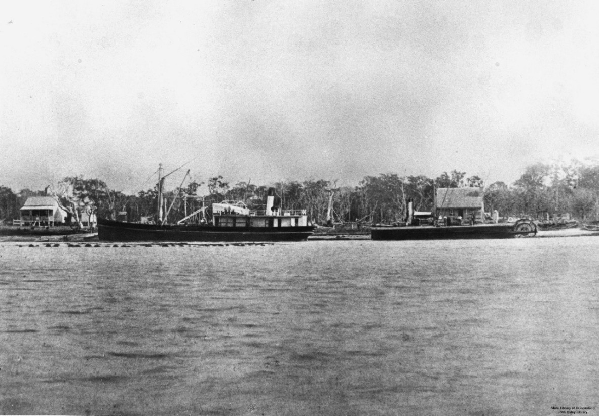 Black and white photo of two ships anchored at Pettigrew's wharf, Maroochydore, 1882