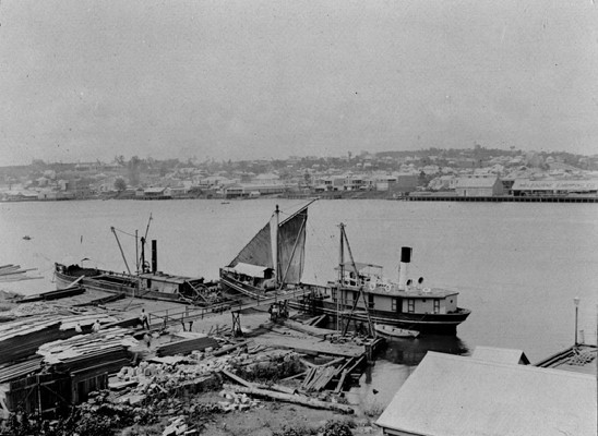 Sepia image of the ship "Gneering" berthed at Pettigrew's Wharf, Brisbane, ca. 1895