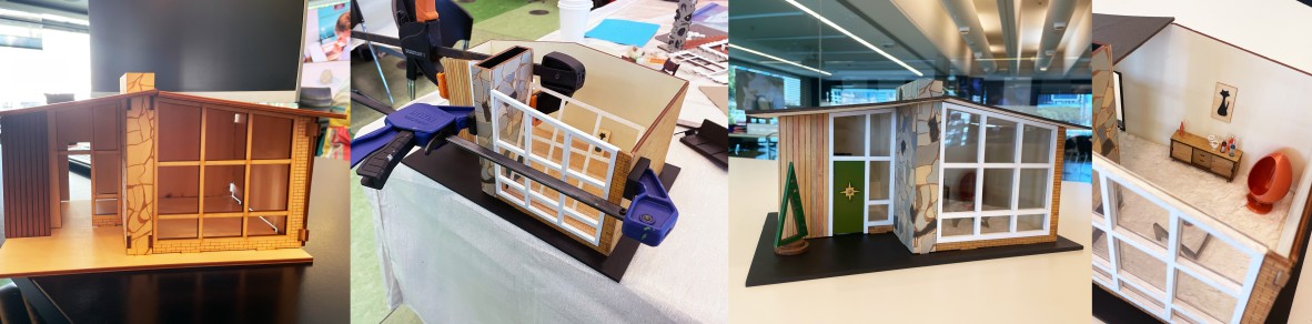 a bunch of photos showcasing the different stages of the model created by mid-century workshop attendee Carmel. The final photos show of the final model and the furnished interior with bar, egg chair and a glass coffee table. 