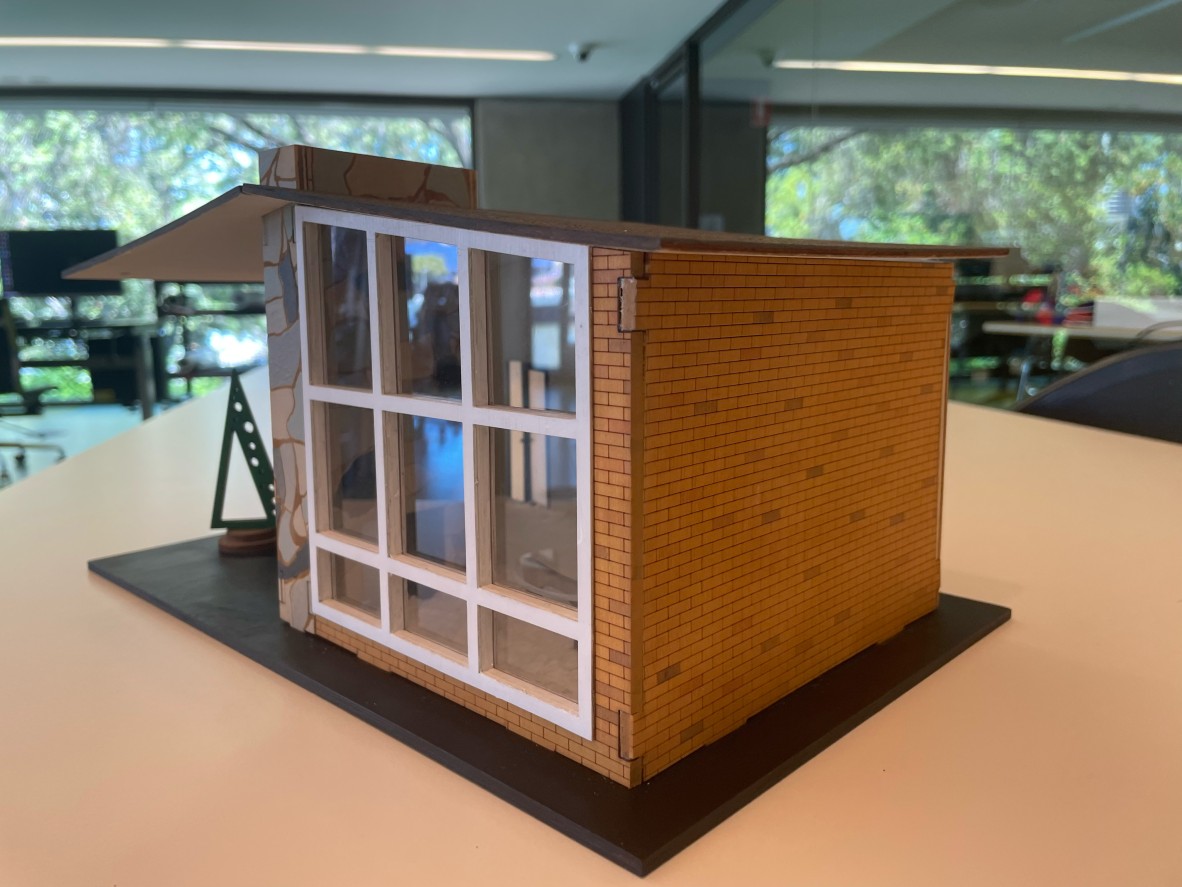 A close up of the brick workshop on Mid-century model by Carmel McGinley