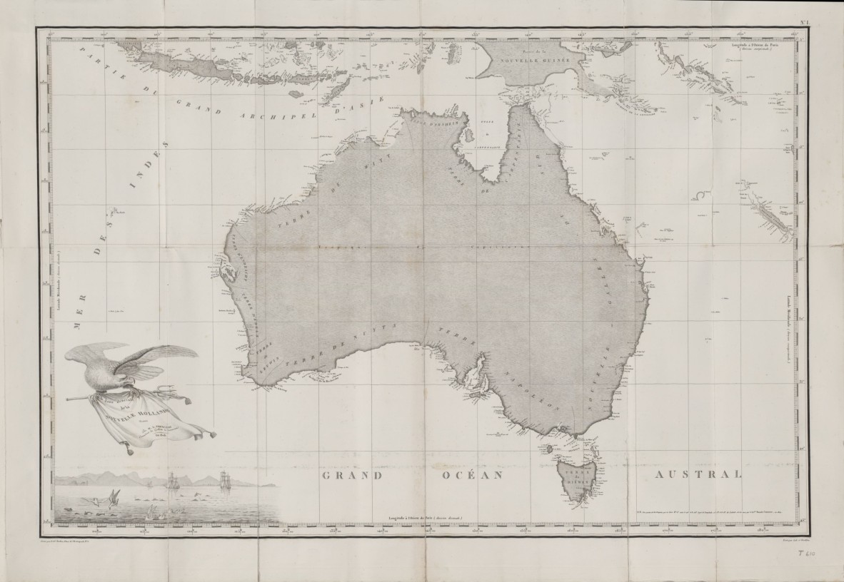 Carte générale de la Nouvelle-Hollande by Freycinet, 1811, from the Baudin voyage. A large part of South Australia and Victoria was ambitiously named Terre Napoleon though Tasmania was of greater interest to the French.