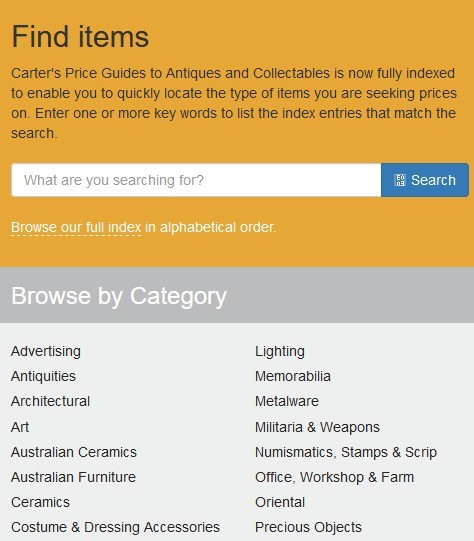 Image of search box for Carter's Price Guide to Antiques database