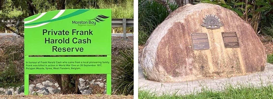 Colour image, green sign reading Private Frank Harold Cash Reserve with bridge railing in background. On right, another colour image of large boulder displaying three bronze plaques.