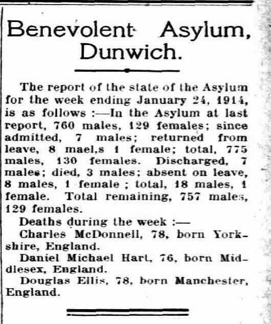 Newspaper article from the Catholic Advocate, 31 January 1914, p 15 with title "Benevolent Asylum, Dunwich"