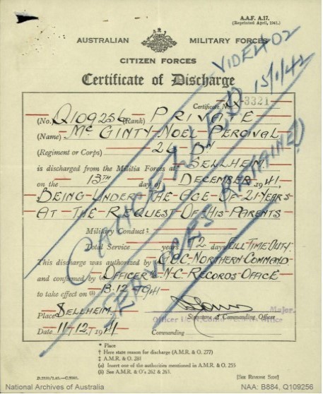 Certificate of discharge for Noel McGinty